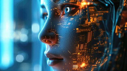 Artificial intelligence, futuristic digital technology human and robot face close up, digital smart world metaverse concept