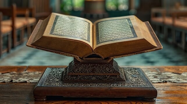 Old koran book open on a wooden stand in a mosque, closeup view