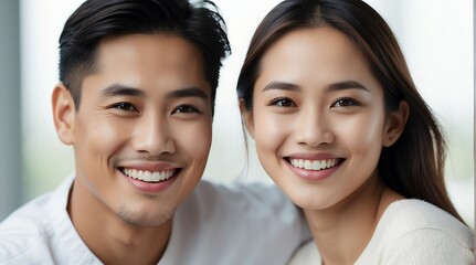 Wall Mural - A young asian couple with a radiant smile showcasing healthy, flawless teeth, symbolizing dental wellness and teeth from Generative AI