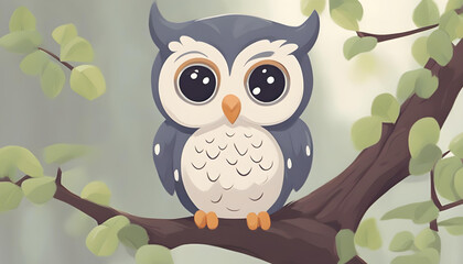 Wall Mural - owl sitting on a branch  in cartoon background