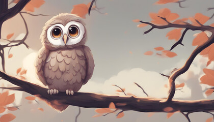 Wall Mural - Cute owl on tree branch