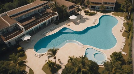 Wall Mural - Top aerial view of a swimming pool beach resort, vacation summer ad concept from Generative AI