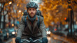 a young man with suit wearing helmet riding a bicycle on a road to work in a city street ,generative ai