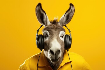 Wall Mural - portrait of a donkey wearing headphones