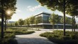 Contemporary urban eco-friendly structure, the sustainable office building with trees contributing to carbon dioxide reducti from Generative AI