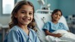 © sevenSkies - Smiling happy patient girl child kid on hospital room background, medical services and treatment ad concept from Generative AI