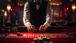 Croupier behind gambling table in a casino close up