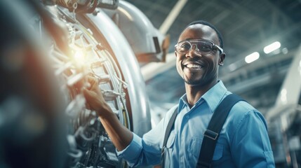Wall Mural - Portrait of a happy and confident male aerospace engineer works on an aircraft engine with expertise in technology and electronics in the aviation industry