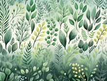 Pattern With Green Plants And Leaves Watercolor Illustration Wallpaper, Floral Background, Pastel Painting Pattern Backdrop
