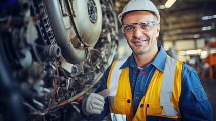 Wall Mural - Portrait of a happy and confident male aerospace engineer works on an aircraft engine with expertise in technology and electronics in the aviation industry