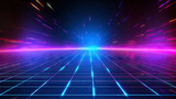 Fototapeta Przestrzenne - dark blue and pink grid light, in the style of sci-fi landscapes, linear perspective,A vibrant futuristic backdrop featuring neon lights, perfect for tech-themed designs, sci-fi projects, 