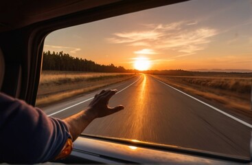 Wall Mural - Road trip concept - hand held out of an open window, sunset in the foreground from Generative AI