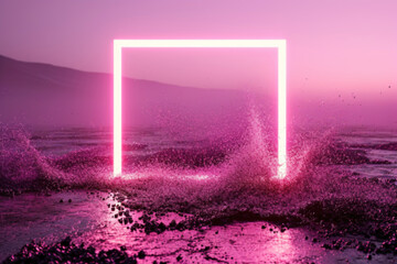 Wall Mural - Surreal pink neon frame on a mystical landscape with splashing water, suitable for creative advertising, music albums, or futuristic themes.