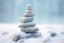 Harmony And Balance, Cairn, Poise Stones On Light Background, Rock Zen Sculpture, Five White Pebbles, Three Pebbles In White Snow, Sunny Transparent Background Generative Ai