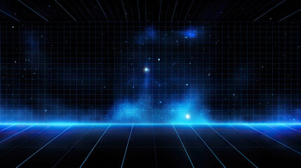 Poster -  blue grid background with spaceship images and stars,A blue neon grid background with stars and a grid is a vibrant digital design perfect for futuristic or technology-themed projects,  wireframe net