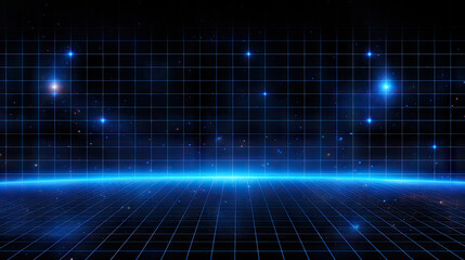 Poster -  blue grid background with spaceship images and stars,A blue neon grid background with stars and a grid is a vibrant digital design perfect for futuristic or technology-themed projects,  wireframe net