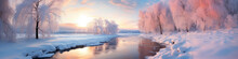 Amazing Snowy Landscape Midst Of Winter, The Enchanting Beauty Of Nature Emerges As The Pure White Snow Blankets The Land, Winter Landscape. Winter Trees And River. Winter Background, Banner