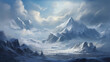 Winter landscape with a lake and mountain peaks in the background. Winter Mountains Landscape Alps during Snowfall. Snow covered mountain landscape in winter