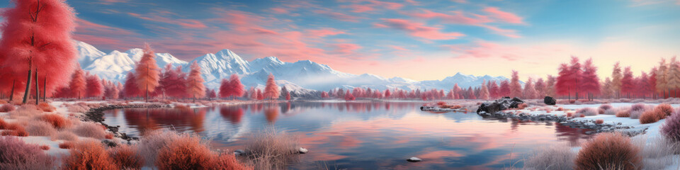 Amazing snowy landscape midst of winter, the enchanting beauty of nature emerges as the pure white snow blankets the land, Winter landscape. Winter trees and river. Winter background, banner