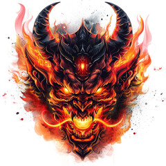 Sticker - t-shirt illustration design, image of a burning horned devil's head, transparent background. Ai generated images