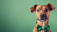 Cute Dog With Green Bowtie On Color Background. St. Patrick's Day Celebration, Space For Text On The Right, Retro Vintage Style Filters