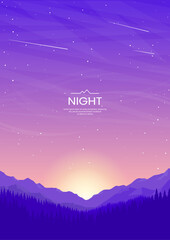 Wall Mural - mountain landscape. bright sunset, night sky. silhouettes of mountains and forest in the foreground.