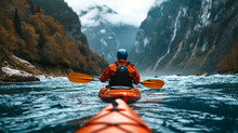 Kayaker With Whitewater Kayaking, Down A White Water Rapid River In The Mountains, Beautiful Landscape Background,henerative Ai