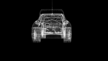 Hologram of a modern Racing Car. 3D animation of sport auto on a black background with a seamless loop
