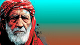 Fototapeta Tulipany - Graphically Abstracted Portrait of a White-Bearded Bedouin with a Red Turban