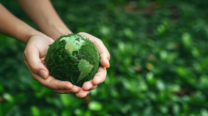 Poster - Hand holding of green earth ball, forest background, Earth Day, Environment society and governance sustainable environmental concept