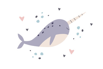 Wall Mural - Cute baby narwhal. Unicorn horned fish. Sea animal in Scandinavian nordic style. Fairy marine character swimming. Kid childish Scandi flat vector illustration isolated on white background