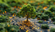 tree with golden roots on a circuit board, among small green bushes with glowing orange dots, merges nature with technology