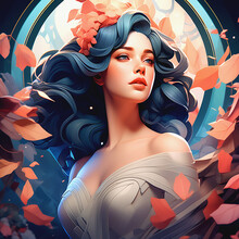 Portrait Of A Young Sexy Woman With Brone, Gray, And Mint Hair Color Artfully Decorated, Withered Decorative Llively Green Leaves Tree Looking Like An Art Nouveau Beautiful Girl