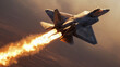 Fighter jet in flight with afterburners ignited.