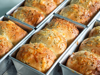 Wall Mural - garlic and cheese soft bread rolls in baking pan