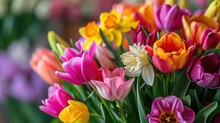 Blooming Tulips, Daffodils, And Easter Lilies In A Vibrant Springtime Arrangement