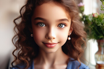 close-up portrait beautiful girl surrounded by flowers in the room looking at the camera