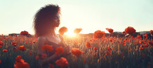 Young Beautiful Woman In Summer Dress In Poppies Field