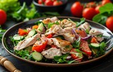 Fototapeta Mapy - chicken salad on table with vegetables