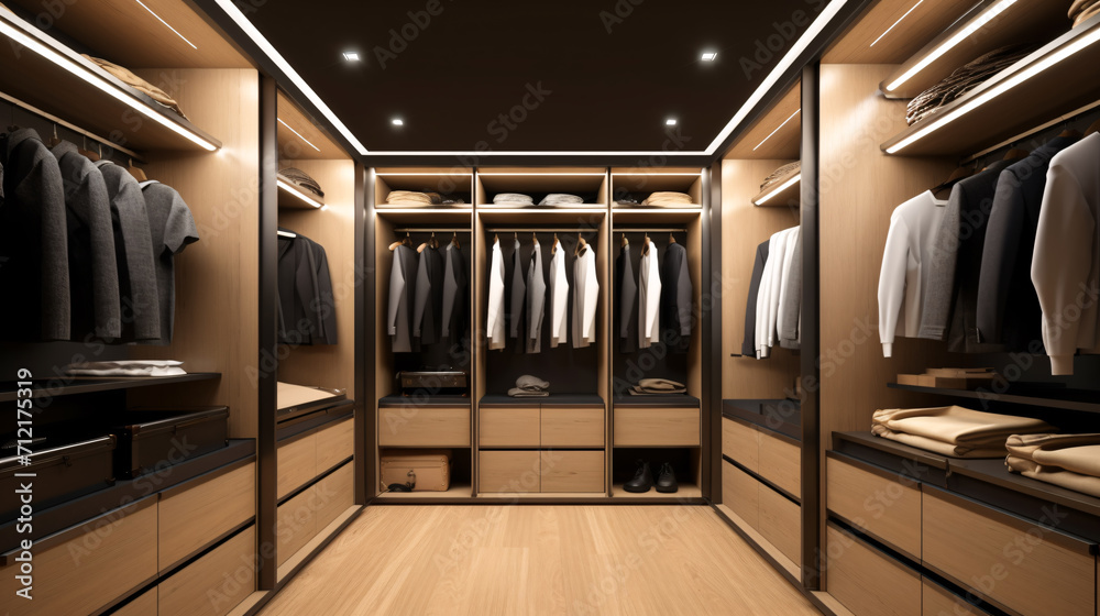 Modern luxury style warm wood walk in closet, minimal walk in wardrobe ...