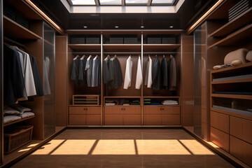 Wall Mural - Modern luxury style warm wood walk in closet, minimal walk in wardrobe dressing room interior.