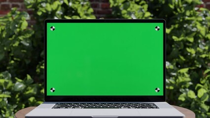 Laptop with green screen, close-up slow motion animation, outdoor scene with brick wall and green leaves and a wooden desk, 4k