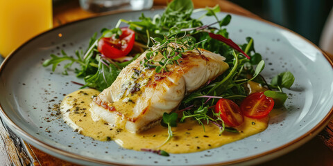 Wall Mural - Gourmet Seafood Affair: A Plate of White Fish Drenched in Coconut and Mustard Sauce, Paired with a Refreshing Green Salad - A Culinary Masterpiece that Delights the Palate.

