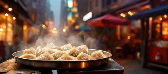 Canvas Print - Street Food Symphony: Steaming Hot Dumplings Take Center Stage on a Platter, Against the Vibrant Backdrop of Shanghai's Bustling Streets - A Culinary Adventure in Every Bite.

