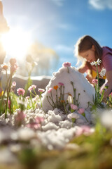 Wall Mural - Child building igloo on a meadow with grass and spring flowers growing through the melting snow. Concept of spring coming and winter leaving.