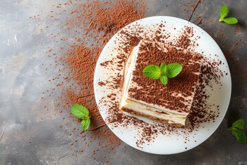 Wall Mural - Top view of Tiramisu an Italian dessert on a white plate with space to copy