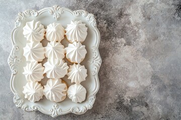 Poster - Closeup top view photo of sweet meringues on a tray against a dessert background with copy space