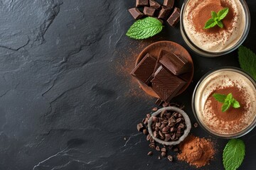 Wall Mural - Tiramisu dessert with ingredients Top view Black stone background Free space for text