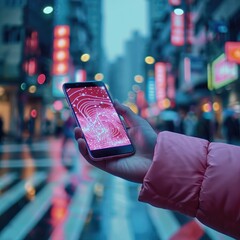 Poster - A hand holding smartphone on the Street of modern city and magenta waves. Generative AI.