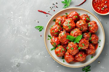 Canvas Print - Top view of homemade meatballs with tomato sauce and spices on plate with grey background